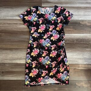 Floral Short Sleeve Dress in Black with Pink & Blue Bloom